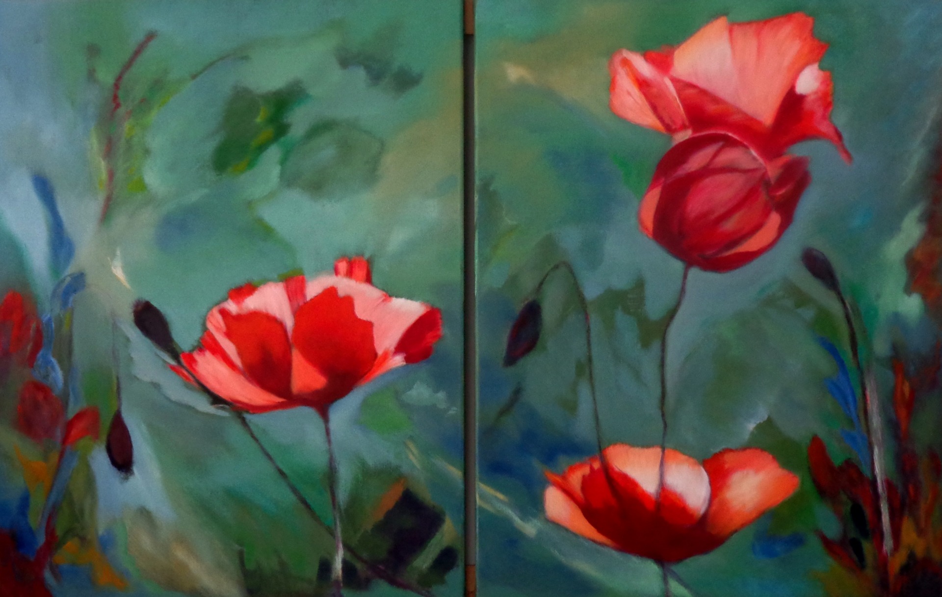 Tweeluik klaprozen AW .. - Acryl op doek  2 x 60 x 80 cm