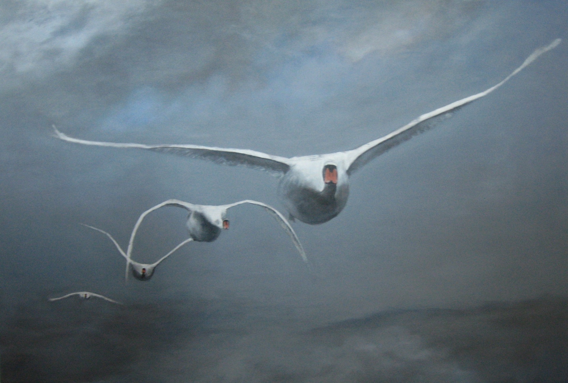 Ganzen vliegen over zee - Acryl op doek  80 x 100 cm 