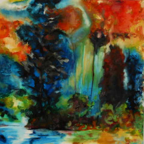 Fantasie landschap - Acryl  80 x 80 cm 