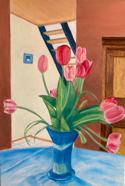 Interieur met tulpen - Olieverf op canvas. 60x 40 cm